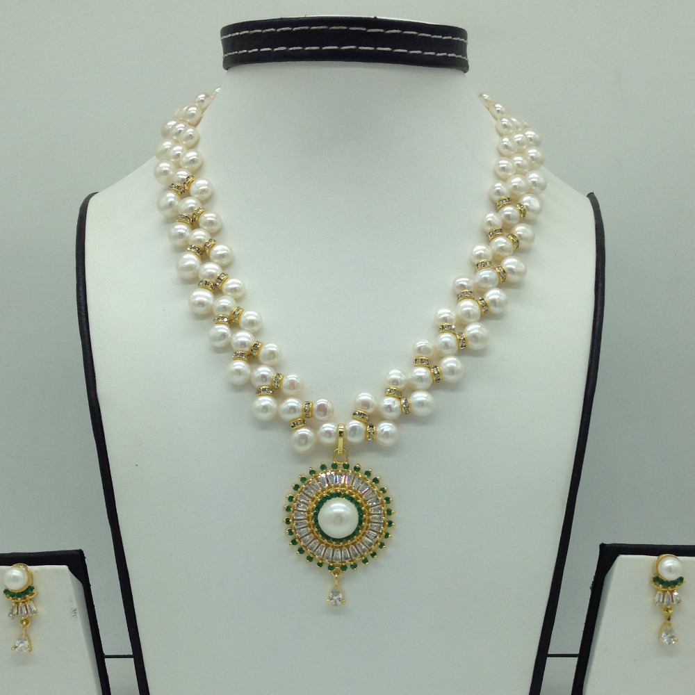 White,green cz pendent set with white zigzag mala jps0574