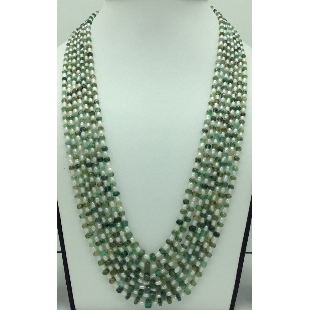 White Rice Pearls With Emeralds 7 Layers Necklace JPM0384
