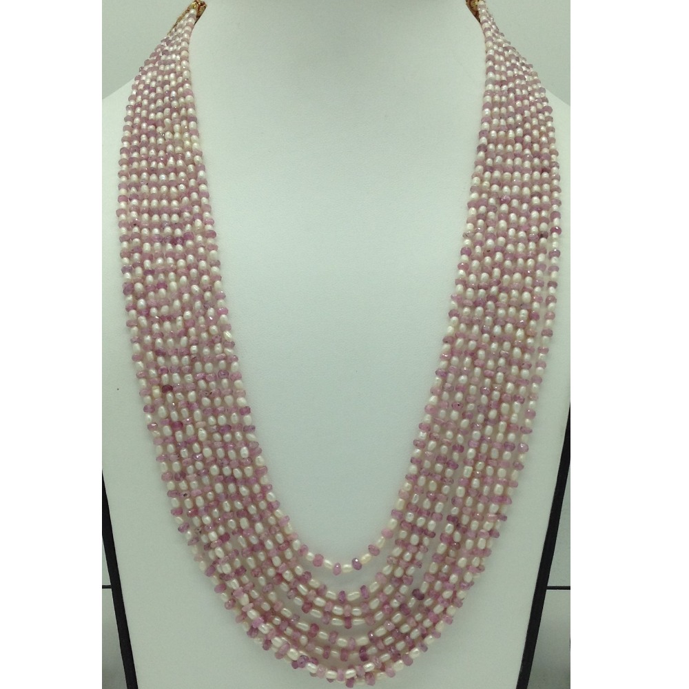 White Rice Pearls With Ruby 9 Layers Necklace JPM0383