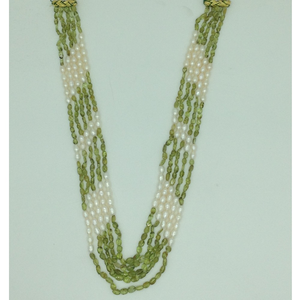 White Oval Pearls With Peridot 5 Layers Necklace JPM0381