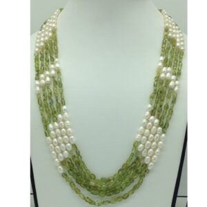 White Oval Pearls With Peridot 5 Layers Necklace JPM0381