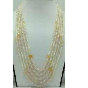 White Pearls With Pink Quartz 5 Layers Necklace JPM0380