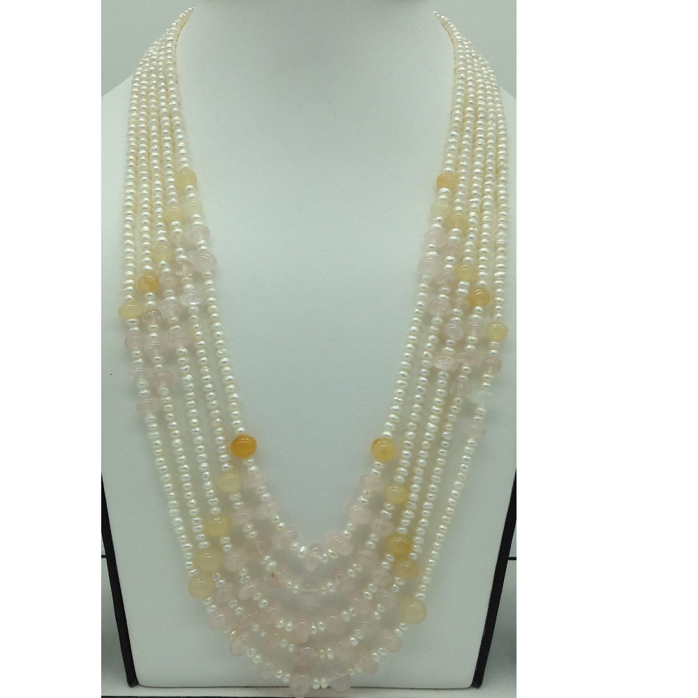White Pearls With Pink Quartz 5 Layers Necklace JPM0380