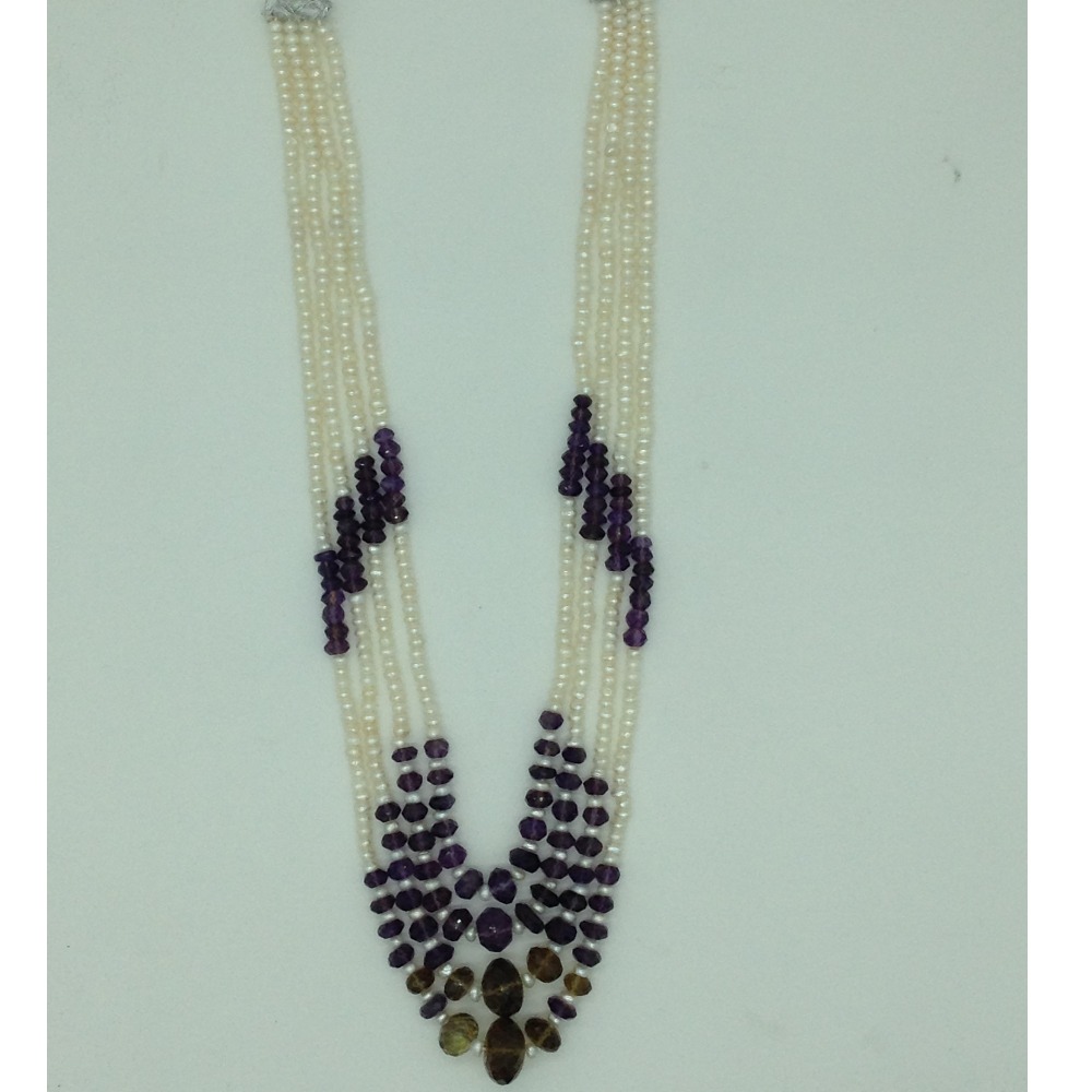 White Pearls With Amethyst 4 Layers Necklace JPM0379