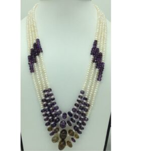 White Pearls With Amethyst 4 Layers Necklace JPM0379