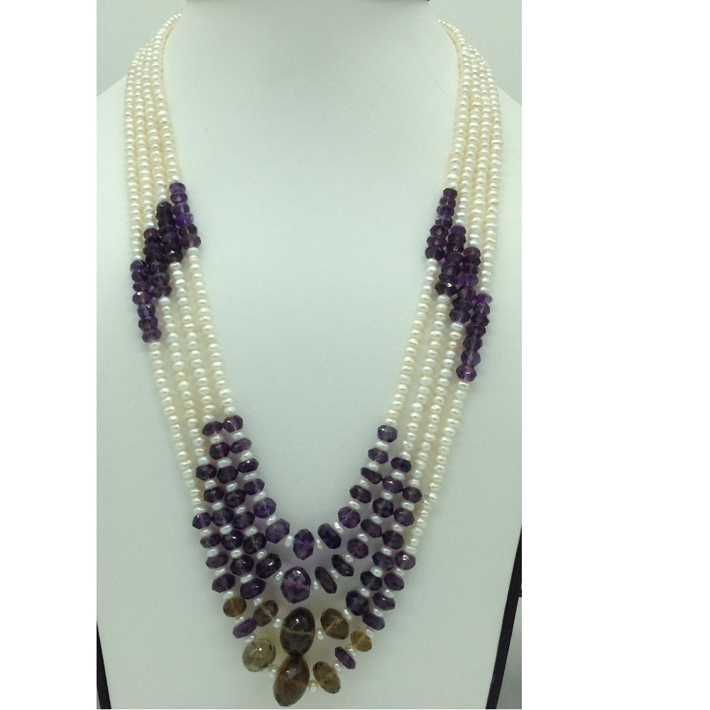 White Pearls With Amethyst 4 Layers Necklace JPM0379