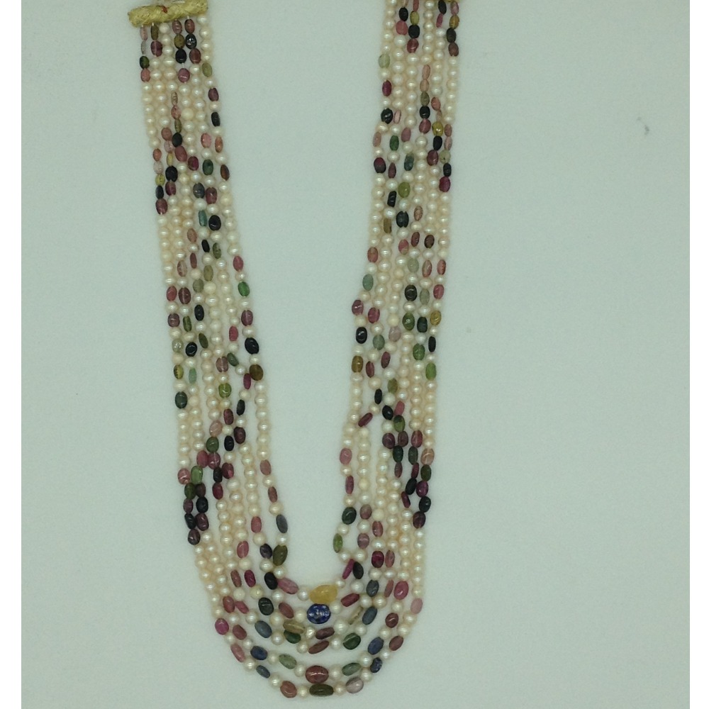 White Pearls With Toumaline 6 Layers Necklace JPM0378