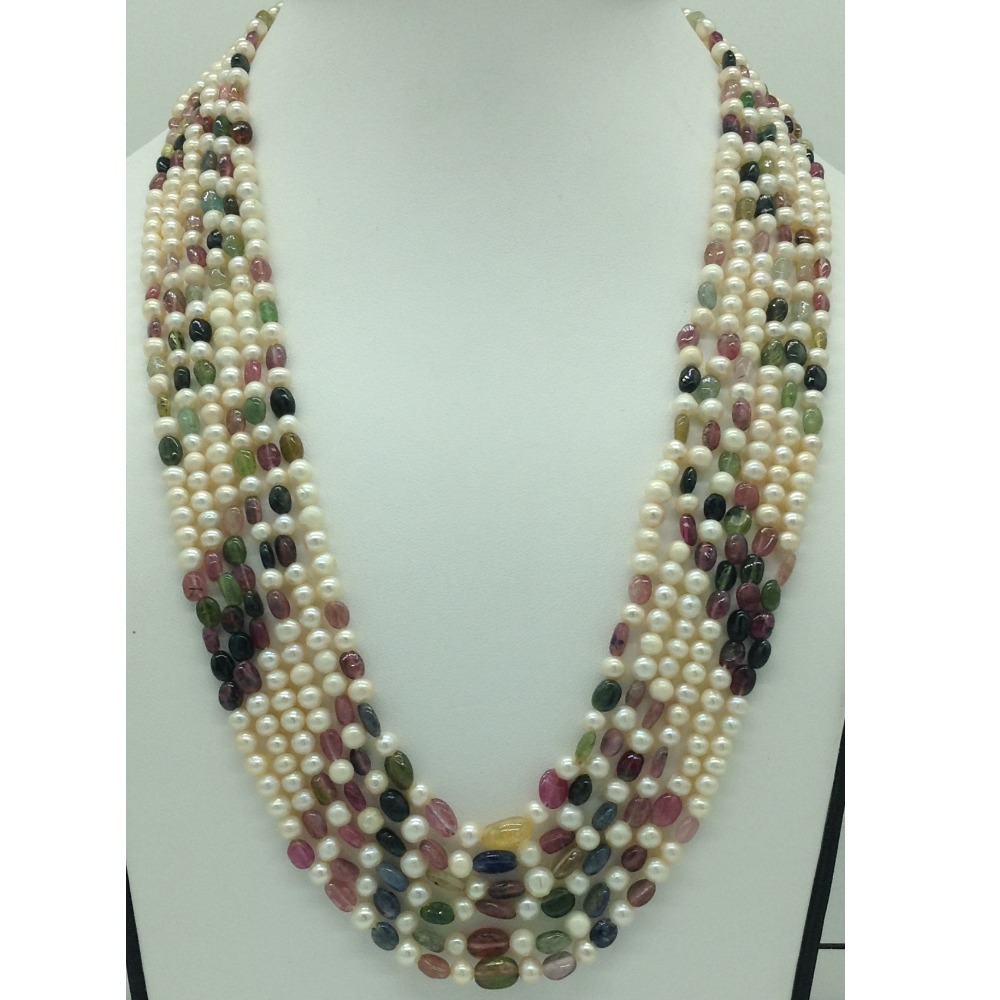 White Pearls With Toumaline 6 Layers Necklace JPM0378