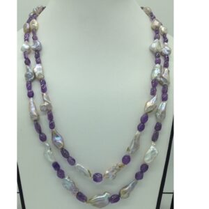 Freshwater Grey Pearls With Amethyst 2 Layers Necklace JPM0376