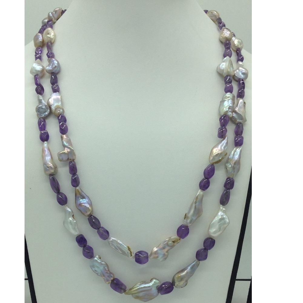 Freshwater Grey Pearls With Amethyst 2 Layers Necklace JPM0376