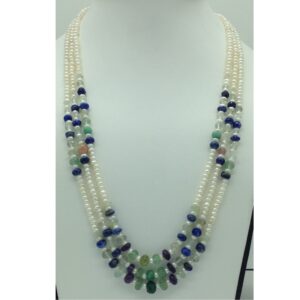 Freshwater White Pearls With Stones 3 Layers Necklace JPM0375