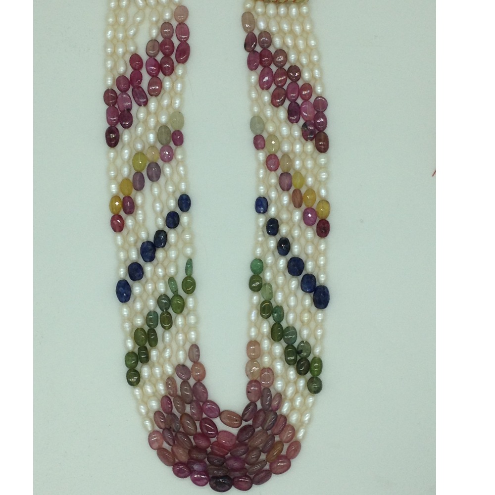 White Pearls With Stones 6 Layers Rainbow Necklace JPM0372
