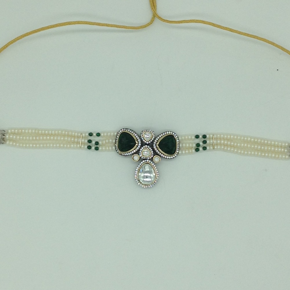 White And Green Kundan Choker Set With 3 Line Pearls JPS0569 - Image 4