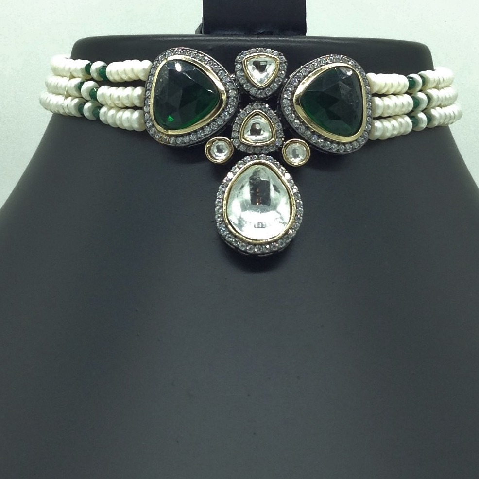 White And Green Kundan Choker Set With 3 Line Pearls JPS0569 - Image 2