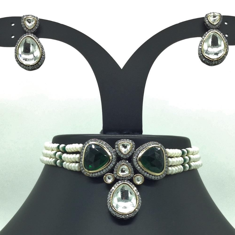 White And Green Kundan Choker Set With 3 Line Pearls JPS0569