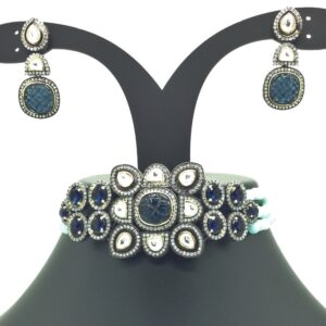 White And Blue CZ Choker Set With 3 Line Blue Beeds JPS0567