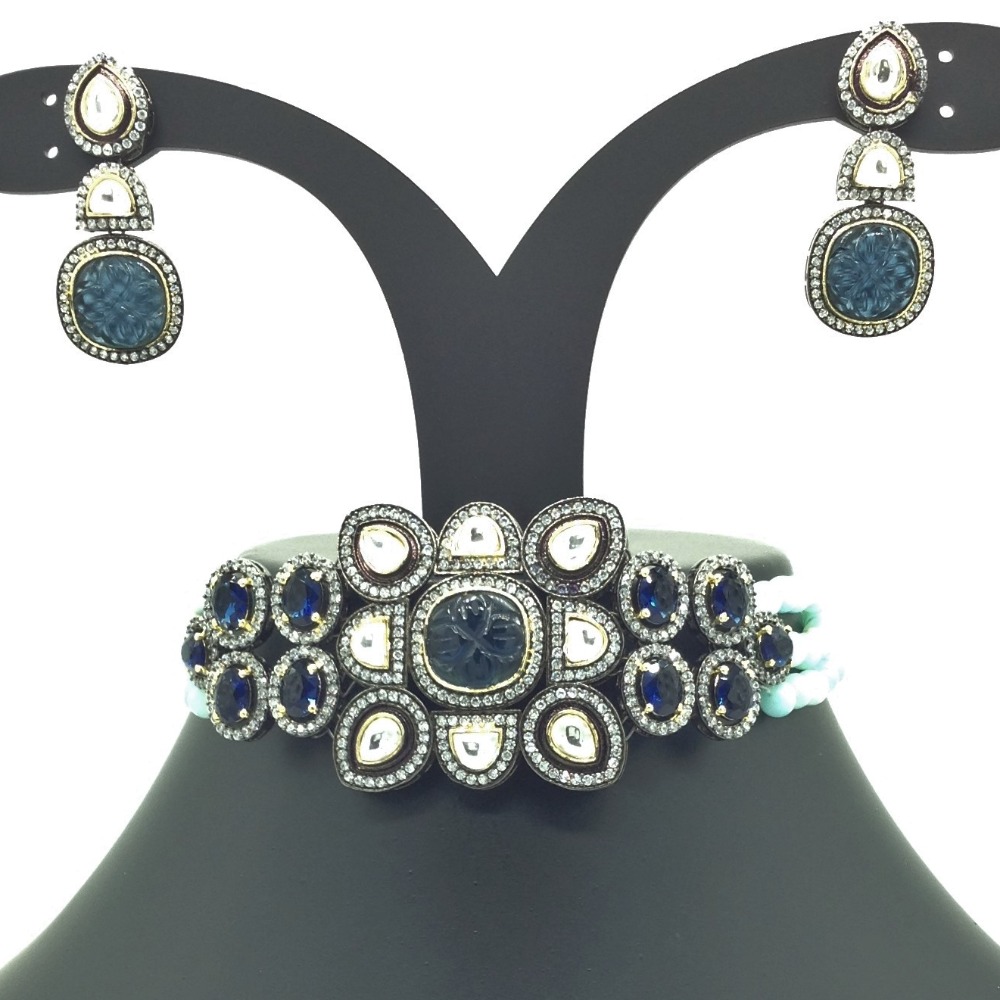 White And Blue CZ Choker Set With 3 Line Blue Beeds JPS0567