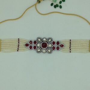White And Red CZ Choker Set With 7 Line Pearls JPS0566
