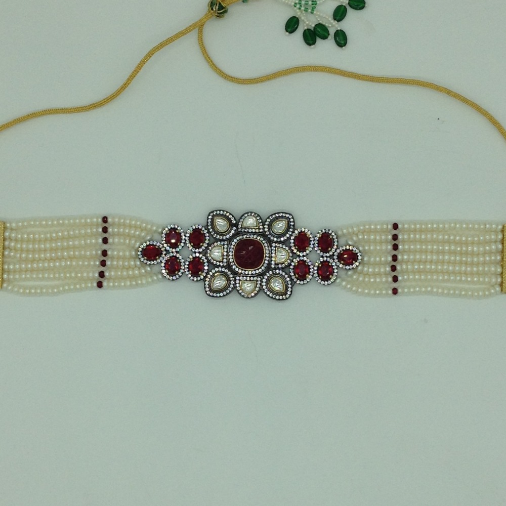 White And Red CZ Choker Set With 7 Line Pearls JPS0566
