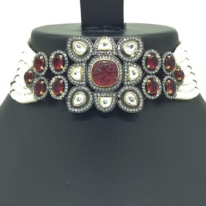 White And Red CZ Choker Set With 7 Line Pearls JPS0566
