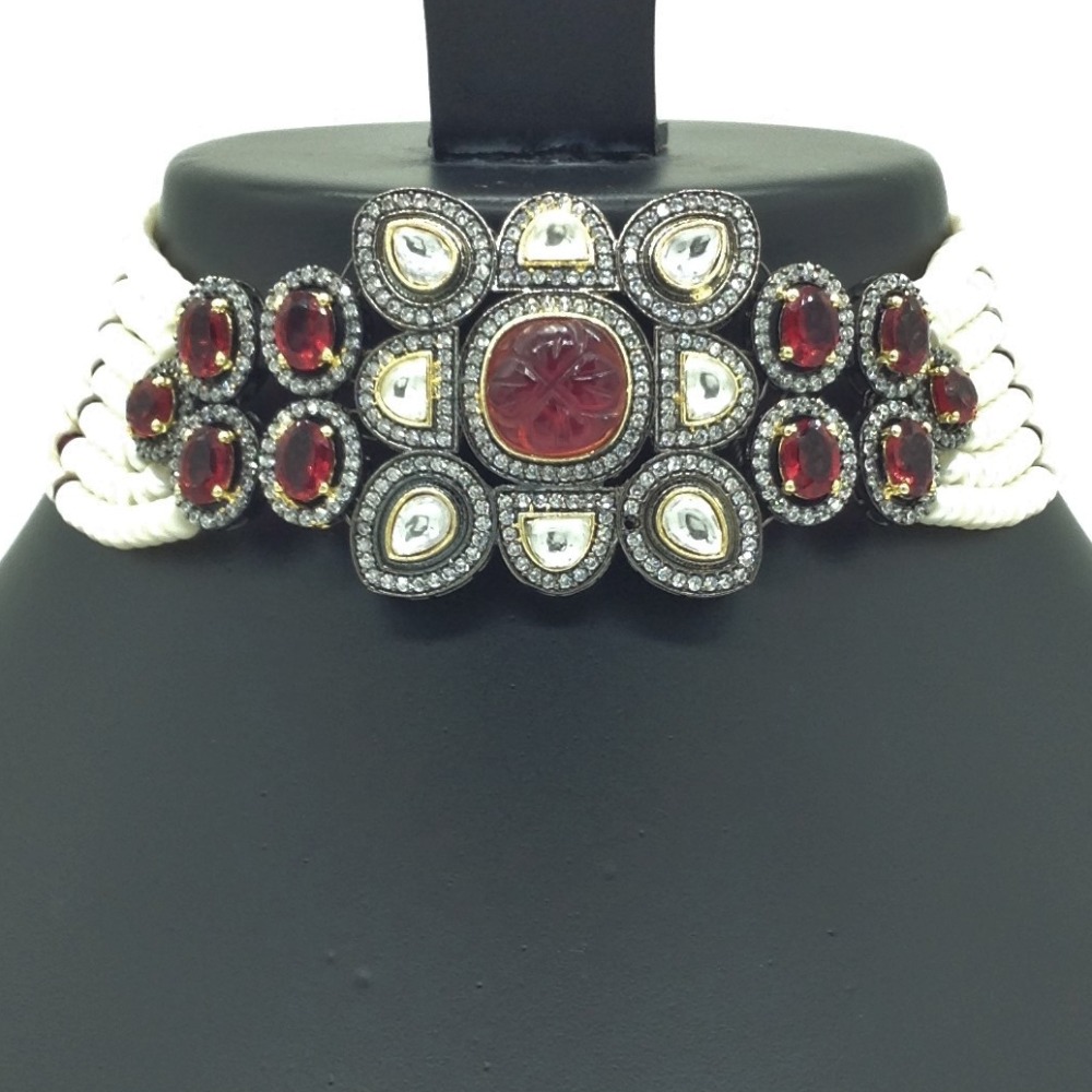 White And Red CZ Choker Set With 7 Line Pearls JPS0566