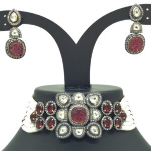 White And Red CZ Choker Set With 7 Line Pearls JPS0566