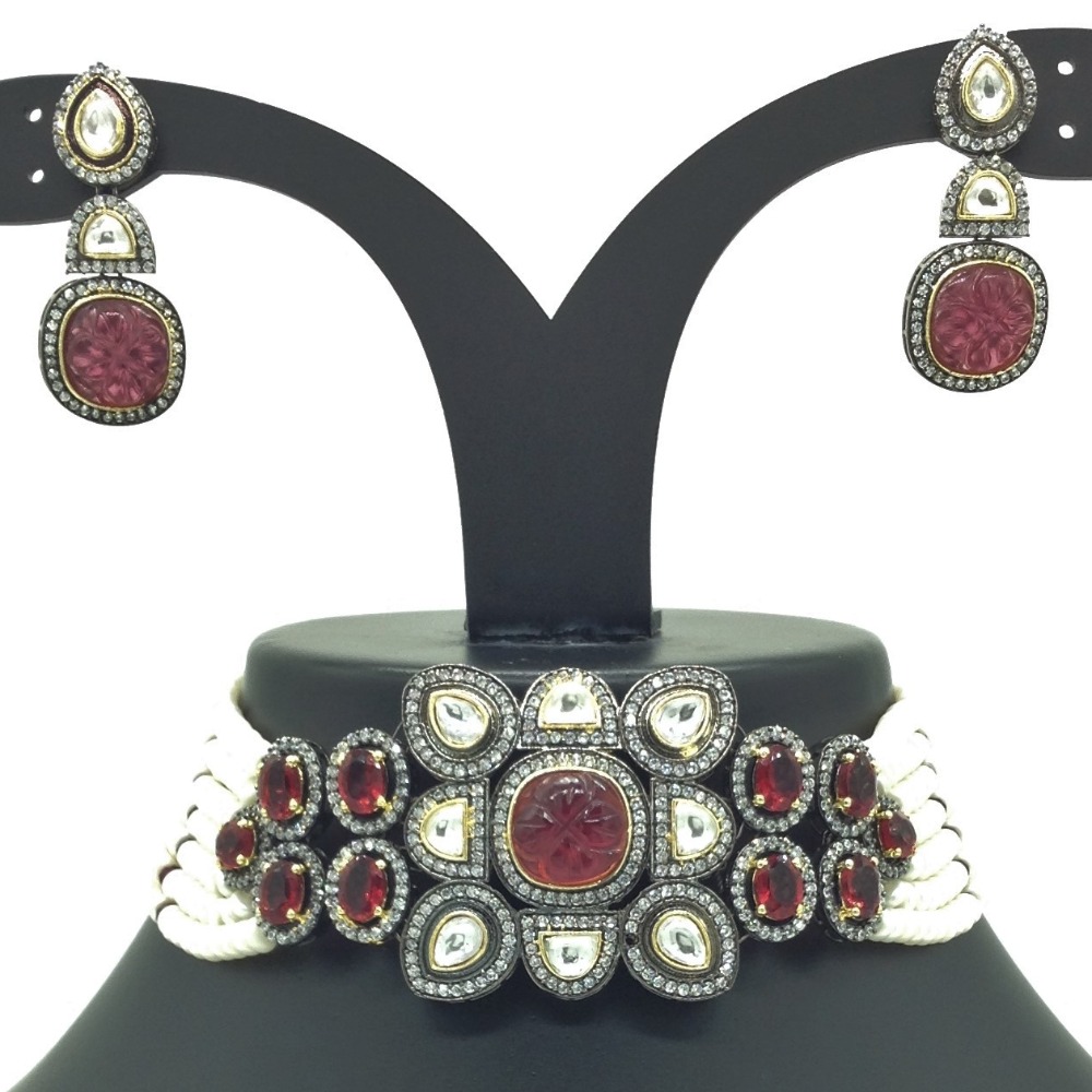 White And Red CZ Choker Set With 7 Line Pearls JPS0566