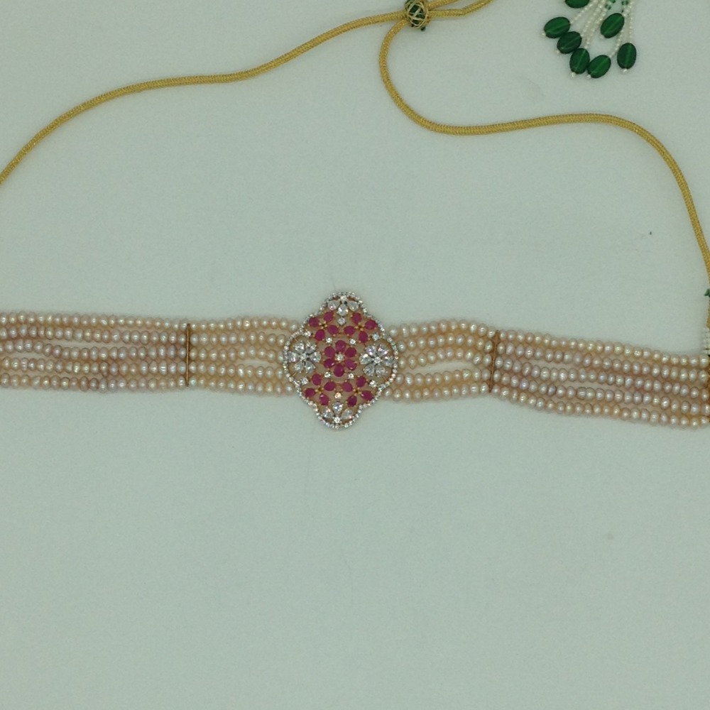 White And Red CZ Choker Set With 5 Line Pink Pearls Mala JPS0565 - Image 4