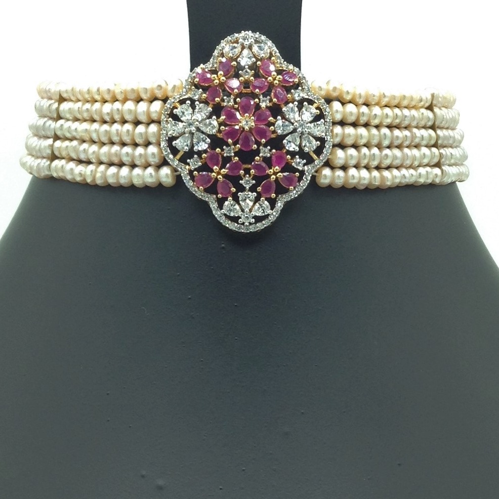 White And Red CZ Choker Set With 5 Line Pink Pearls Mala JPS0565 - Image 2