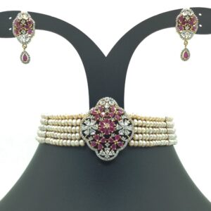 White And Red CZ  Choker Set With 5 Line Pink Pearls Mala JPS0565