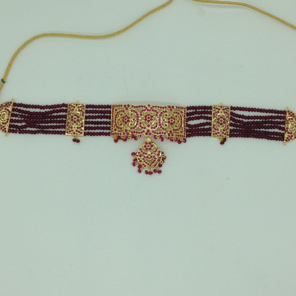 Red Ruby Amritsar Choker Set With 6 Line Red Beeds Mala JPS0564