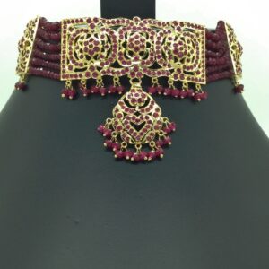 Red Ruby Amritsar Choker Set With 6 Line Red Beeds Mala JPS0564