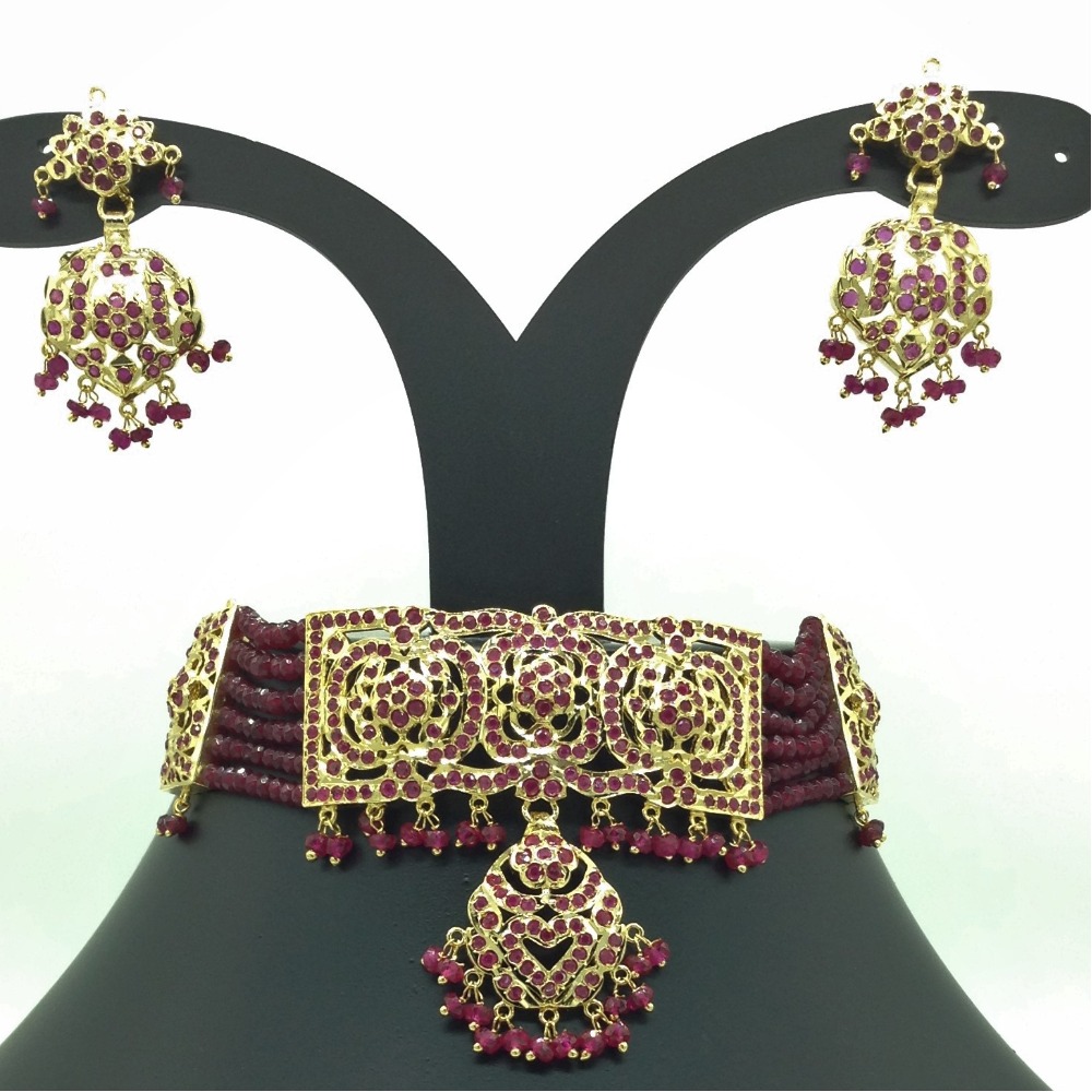 Red Ruby Amritsar Choker Set With 6 Line Red Beeds Mala JPS0564