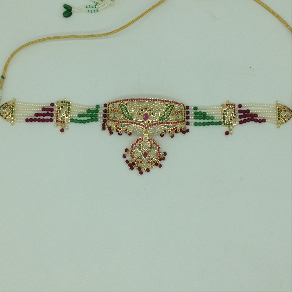 Navratna Amritsar Choker Set With 4 Line Flat Pearls Mala JPS0563