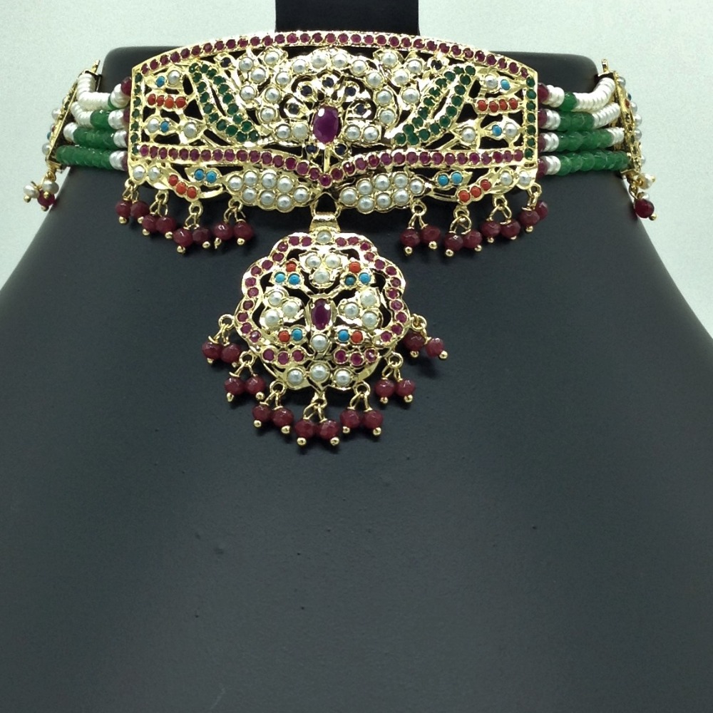 Navratna Amritsar Choker Set With 4 Line Flat Pearls Mala JPS0563