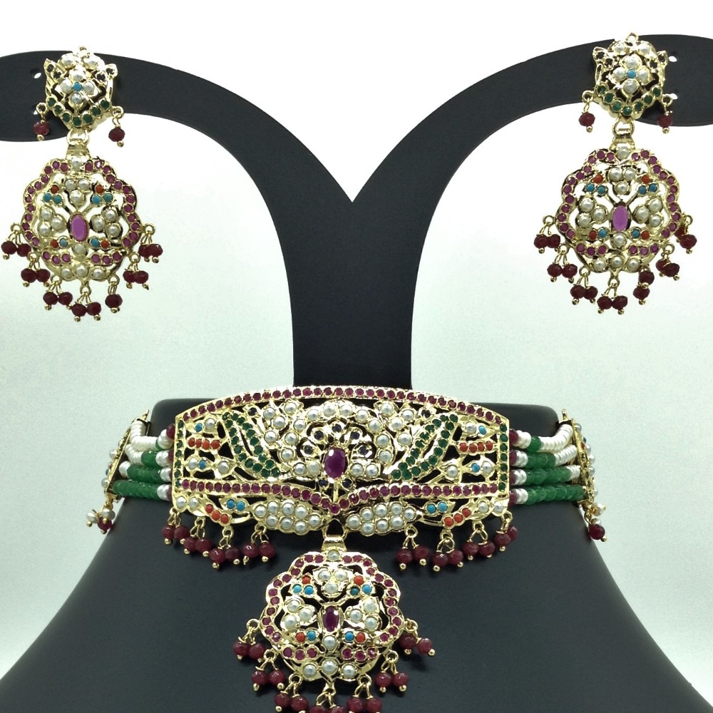 Navratna Amritsar Choker Set With 4 Line Flat Pearls Mala JPS0563