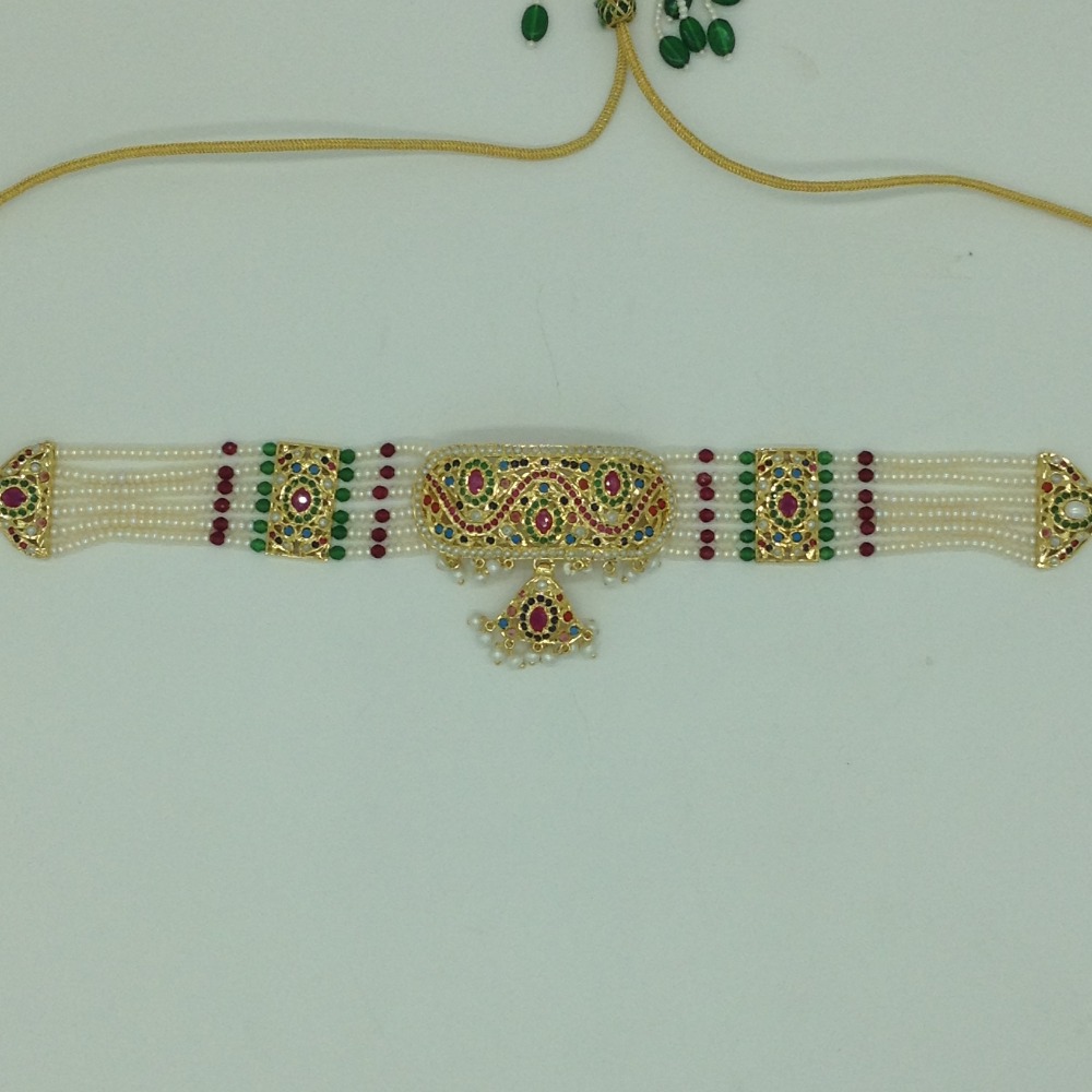 Navratna Amritsar Choker Set With 6 Line Flat Pearls Mala JPS0562