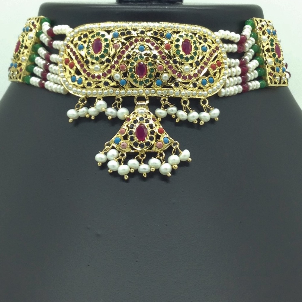 Navratna Amritsar Choker Set With 6 Line Flat Pearls Mala JPS0562