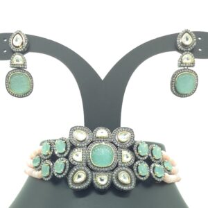 White And Blue CZ Choker Set With 3 Line Pink Beeds JPS0561