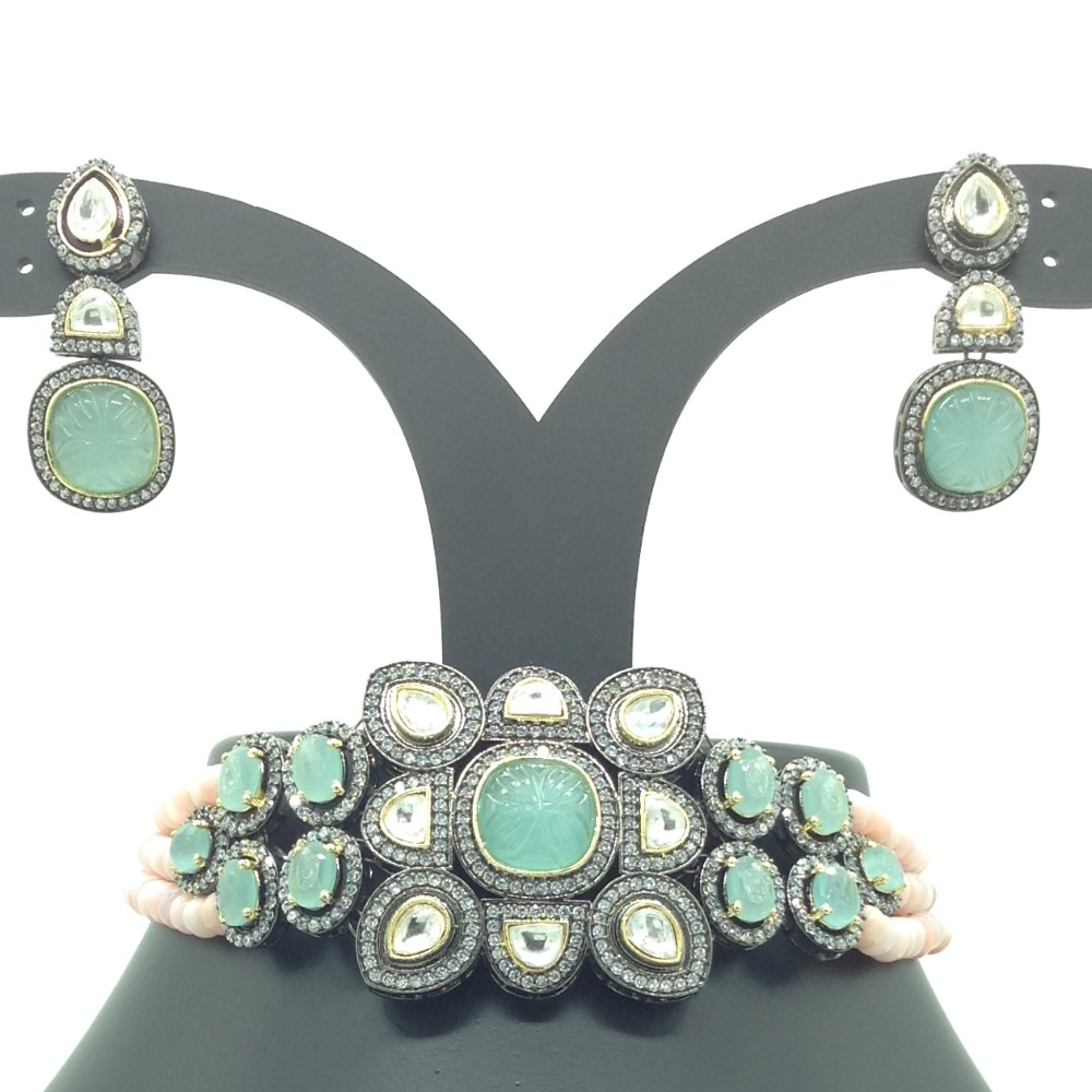 White And Blue CZ Choker Set With 3 Line Pink Beeds JPS0561