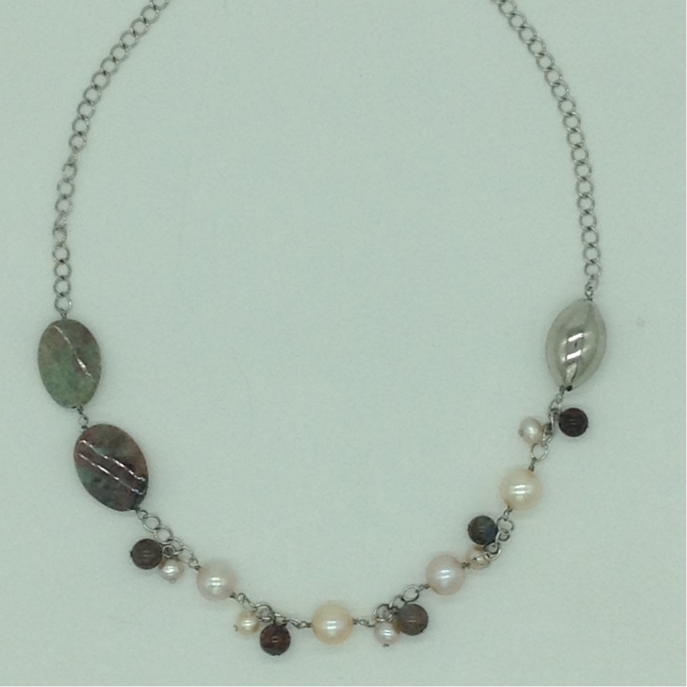 Freshwater Pink Pearls and Semi Beeds Silver Chain Set JNC0104