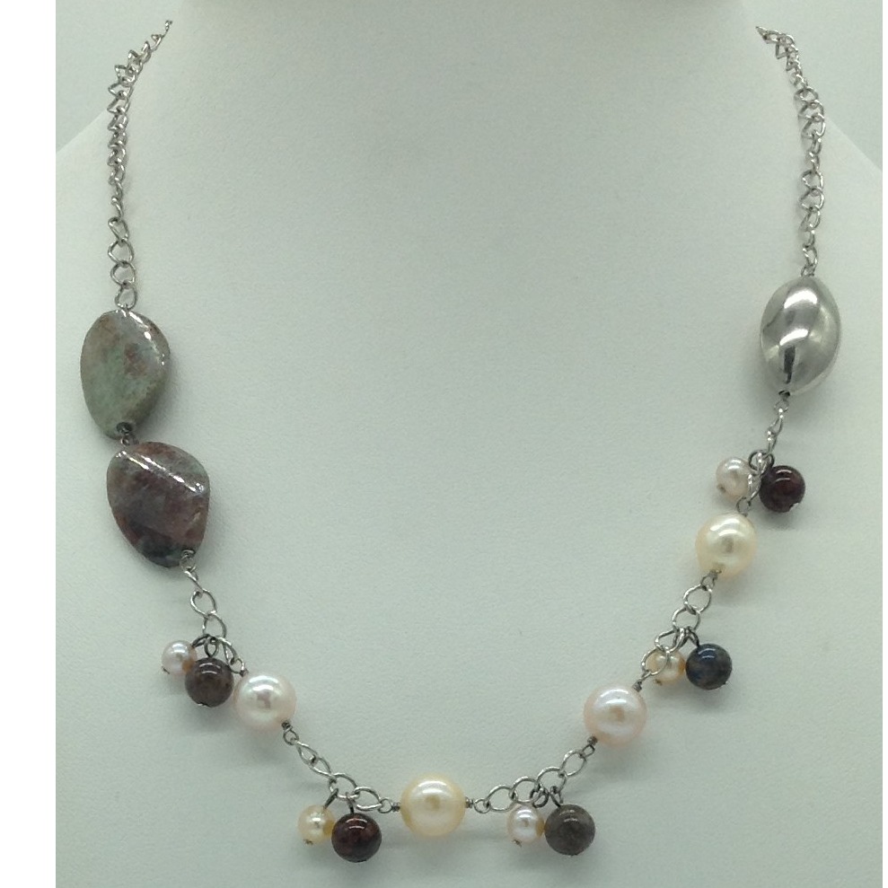 Freshwater Pink Pearls and Semi Beeds Silver Chain Set JNC0104