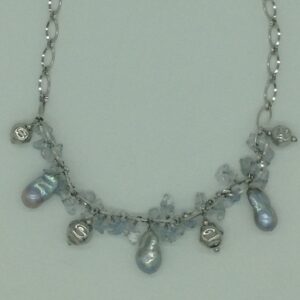Freshwater grey pearls and aquamarine silver chain set jnc0102