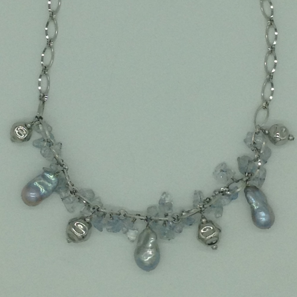Freshwater grey pearls and aquamarine silver chain set jnc0102