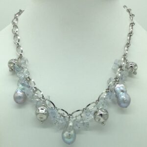 Freshwater grey pearls and aquamarine silver chain set jnc0102