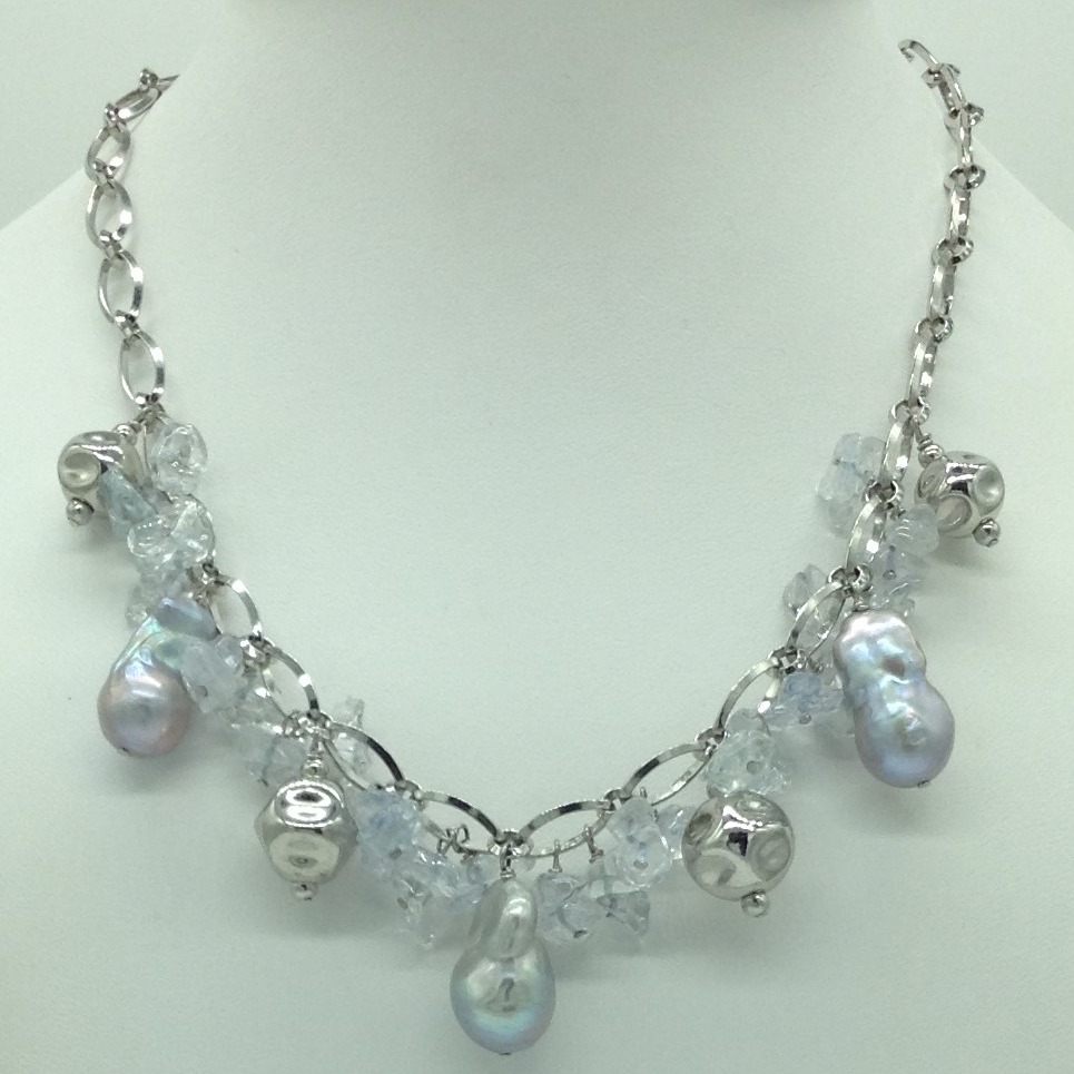 Freshwater grey pearls and aquamarine silver chain set jnc0102