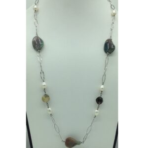 Freshwater cream pearls and semi tumbles silver chain jnc0100