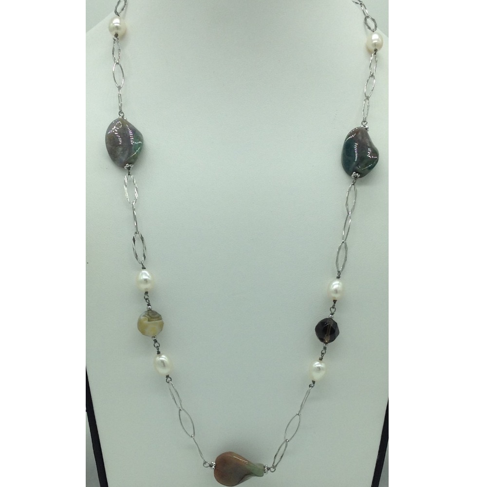 Freshwater cream pearls and semi tumbles silver chain jnc0100