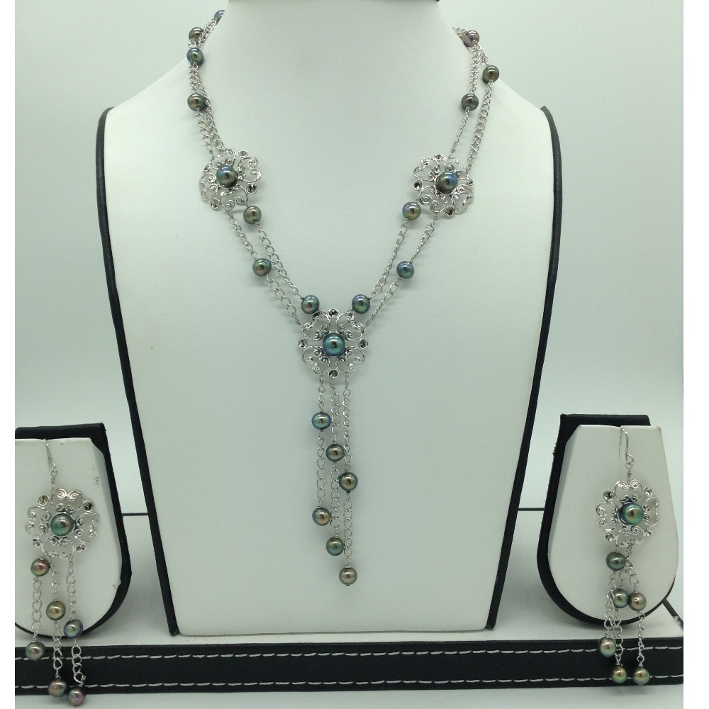 Freshwater black pearls silver necklace set jnc0099