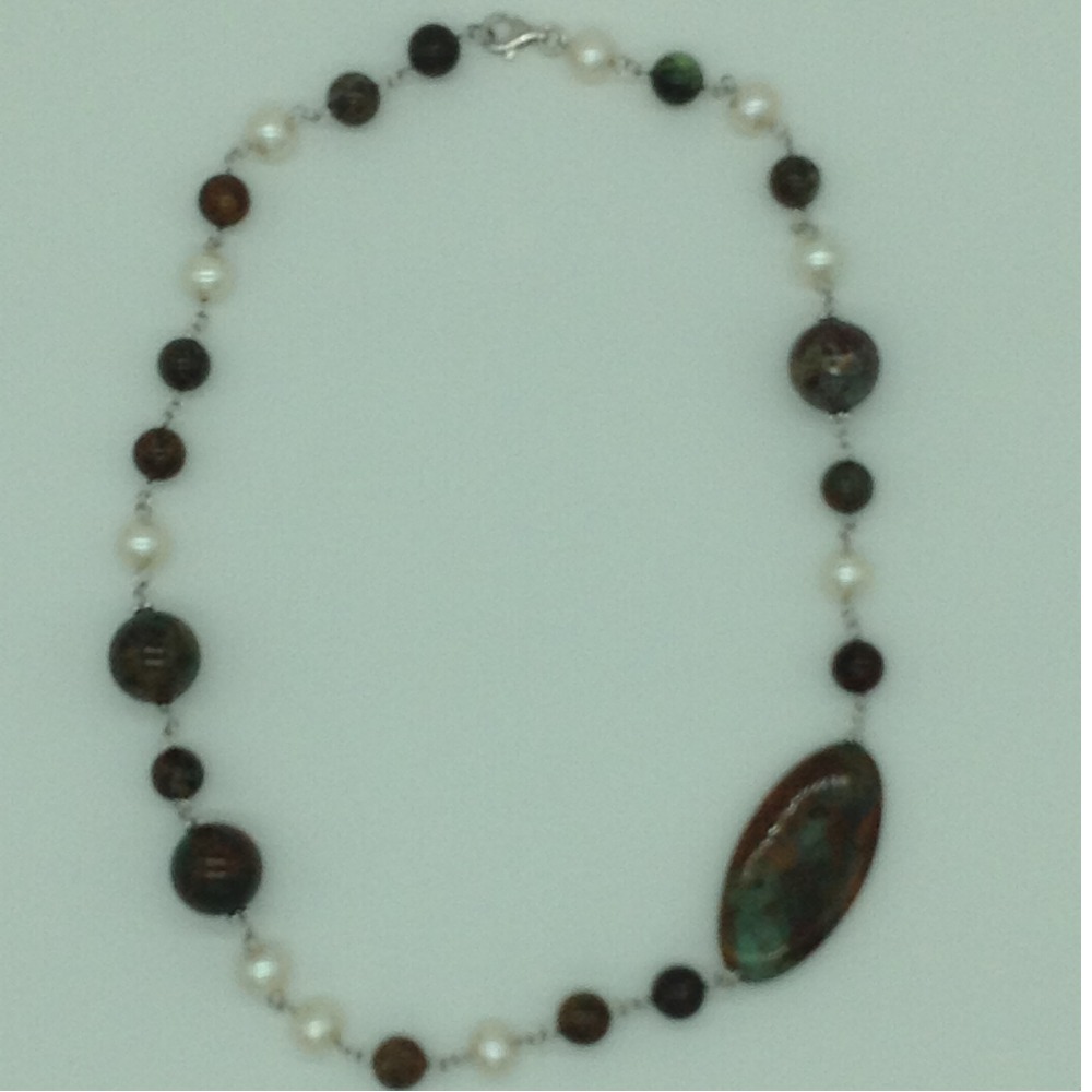 Freshwater cream pearls and melagite silver chain set jnc0095